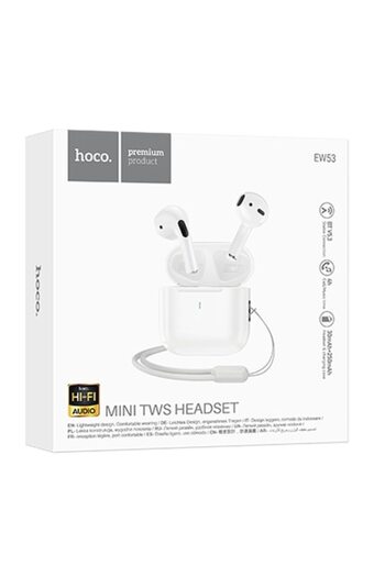 Hoco Wireless Headphones (EW53), Ear Buds, BT 5.3, 150h StandBy, 250mAh, Lanyard, Lucky, White