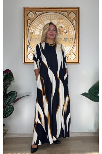 KLEERMAKER Women's Plus Size Crystal Fabric Patterned Long Sleeve Dress with Pockets (Not Included Belt)