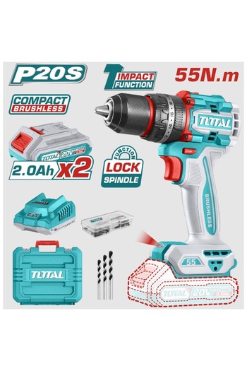 TOTAL Cordless Drill and Screwdriver TDLI20453E, 20V, 2Ah, 52Nm, 2000rpm Li-Ion, 47 Accessories, 2 B
