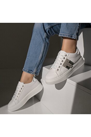 BMoD White women's sneakers with thick sole and embellishments MOD11873