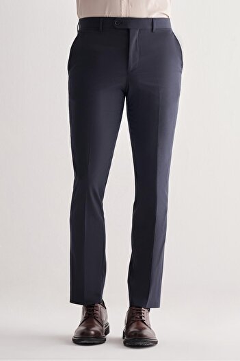 İmza Navy Blue Side Pocket Open Leg Self Patterned Slim Fit Trousers 1003255152