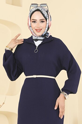 ModaMerve Yakası Yarım Fermuarlı Triko Elbise 8341KL398-MS Laci