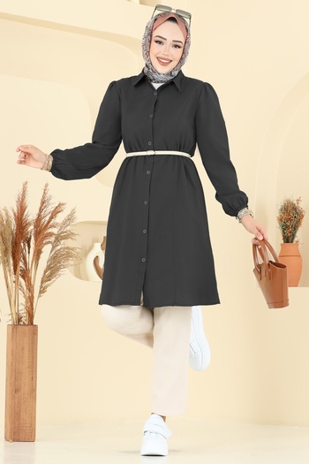 ModaMerve Elastic Cuffed Terry Cotton Tunic 3063Ktr750-Ms Black
