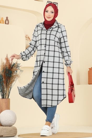 ModaMerve Shirt Collar Plaid Tunic 3062Ktr750-Ms Pattern 4 Gray