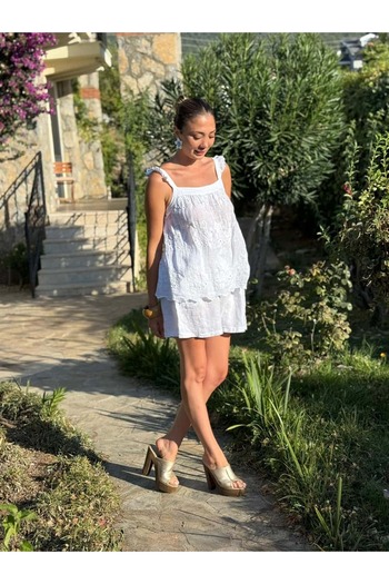 Punta Otantik Nc31211 Embroidered Shoulder Ruffle Linen Italian Shorts Set White