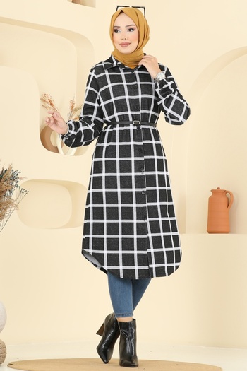 ModaMerve Shirt Collar Plaid Tunic 3062Ktr750-Ms Pattern 4 Black