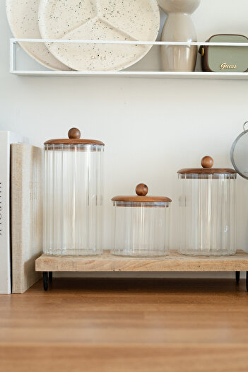 Dekorzdükkan Lumiere Set of 3 Striped Glass Jars with Acacia Lids
