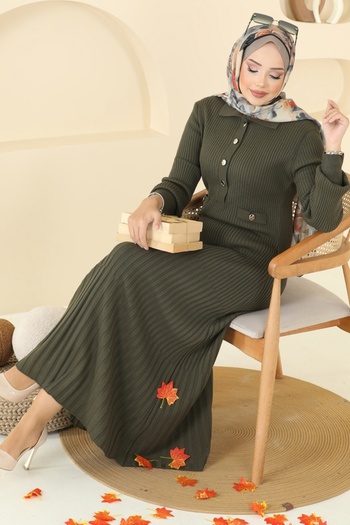 ModaMerve Front Half Buttoned Knitwear Dress 8364Kl398-Ms Khaki