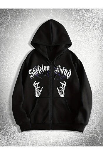 Touz Moda Gothic Design Oversize Zippered Black Unisex Hooded Cardigan