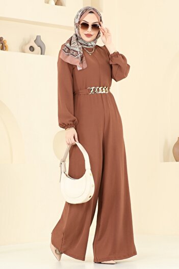 ModaMerve Chain Belted Aerobin Jumpsuit 2667Sl432-Ms Tan