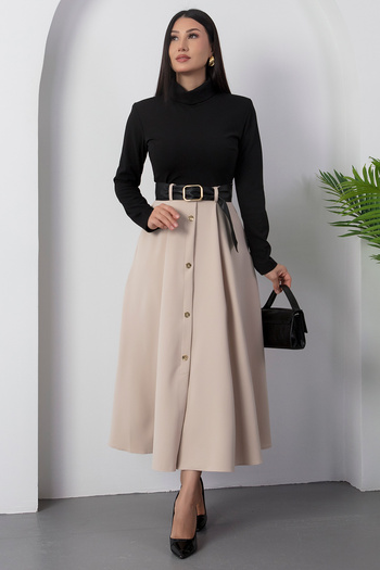 PULLIMM Turtleneck Long Sleeve Belted Button Dress Ny3033