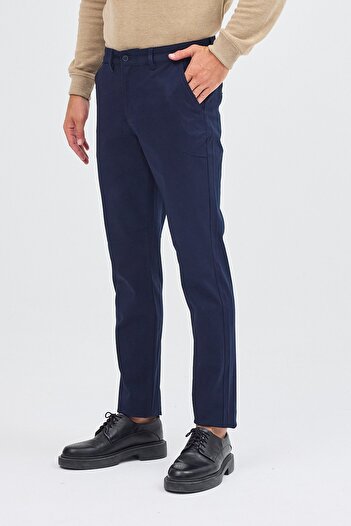 İmza Dark Navy Side Pocket Straight Leg Cotton Slim Fit Chino Casual Trousers 1003255155