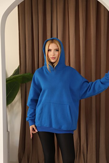 TİENDEROPA Women's Oversize 3 Thread Ribbed Winter Hooded Sweatshirt with Kangaroo Pocket