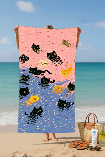 BETHA Floating Cats Cotton Beach Towel – Patterned Design – 75X150 cm