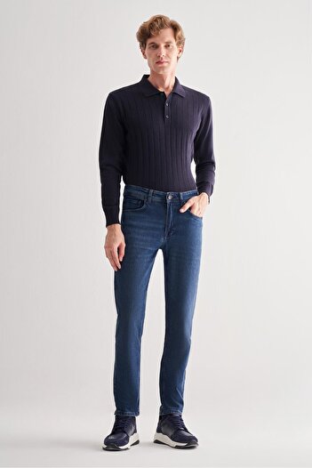 İmza Dark Navy Gabardine 5 Pocket Straight Leg Casual Slim Fit Cotton Denim Trousers 1023255151