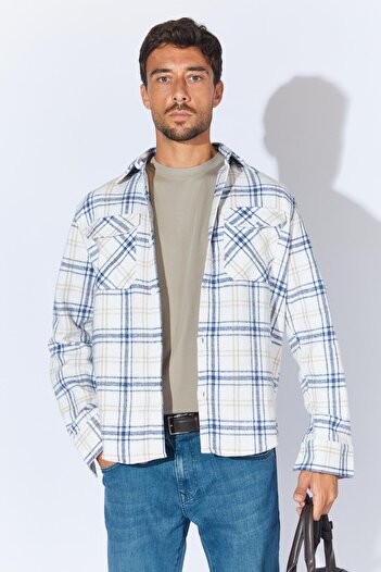 TENA Men's Ecru Long Sleeve Flannel Double Pocket Regular Shirt