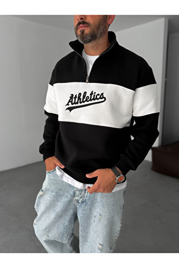 BYBASICMAN Black Half Zip Athletics Embroidered Sweatshirt Pm-07