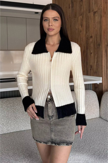 studio fashion 1988 Women's Cream Shirt Collar Zippered Knitwear Cardigan