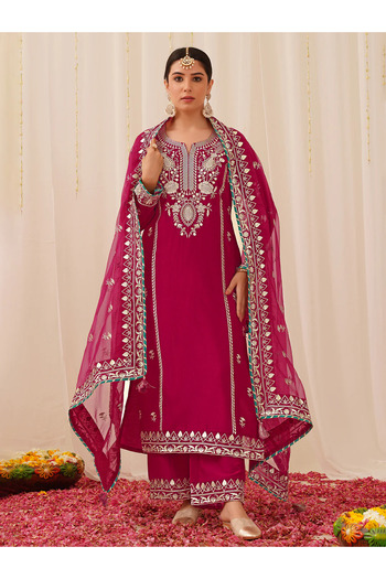 ZERE Deep Pink Silk Blend Solid Yoke Design 3-Piece Kurta Set