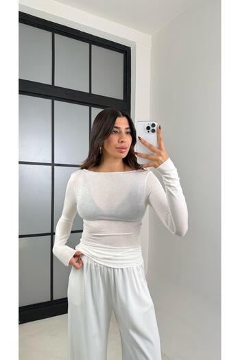 Gaus Ecru Boat Neck Cashmere-Like Textured Sheer Blouse Gaus-00455