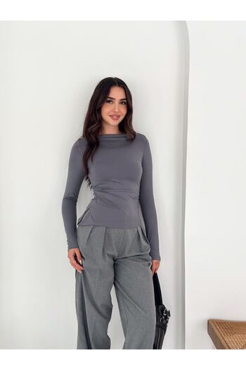 ALLEYTA Women's Boat Neck Gathered and Slit Detailed Asymmetrical Blouse 3884