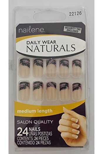 Nailene Daily False Nails – White Stripe & Black Design | 24 Count Press-On Nails with Adhesive Tabs