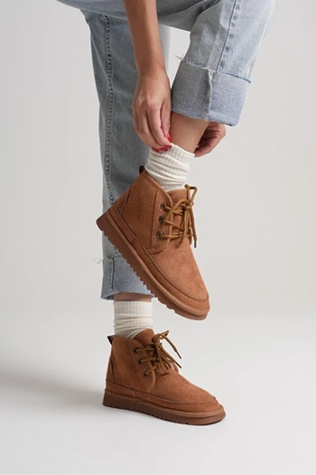 Ayakkabı Delisiyim Women's Boots Tan Color Suede – Wool Inside, Thin Sole, Lace-Up, Warm
