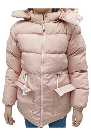 İrem Çocuk Giyim Girl's Pink Coat with Detachable Hood, Zipper Closure, Drawstring Waist, Plush Lining Inside