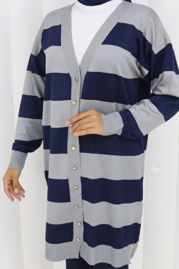 benguen Striped Long Mercerized Cardigan N3217 Gray