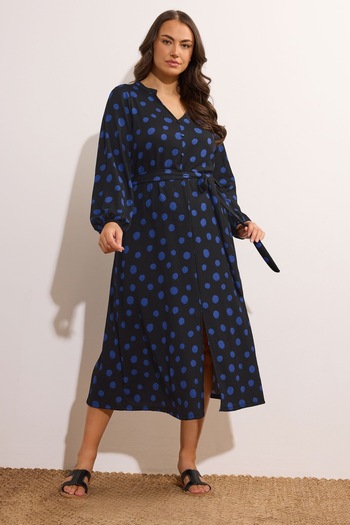 Stil Diva Plus Size Long Sleeve V-Neck Belted Polka Dot Long Dress 615816