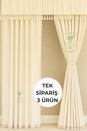 Perdeplus Tasseled, Colored Curtain Set – Set of 3, Rustic & Cornice Compatible