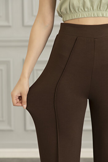 Alos Women's Brown Modal Wide Leg Striped High Waist Soft Textured Elastic Waist Lycra Pants