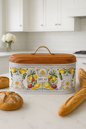 Arma House Wood Look Metal Medium Oval Bread Bin and Bread Box