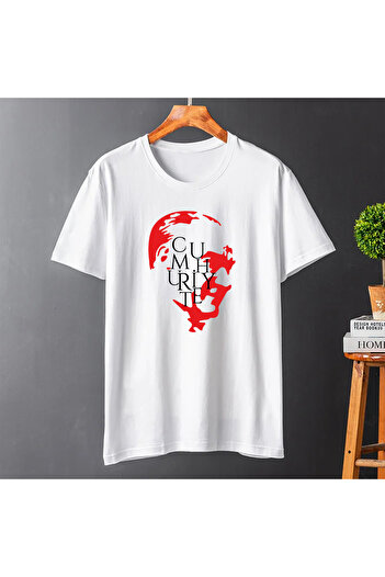 SUNFREE Cumhuri̇yet Atatürk Printed Loose Fit Circular Neck White T-Shirt