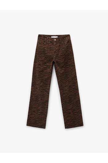 Koton Cotton Stone Detailed Buttoned Pocket Leopard Patterned Jean Trousers - Longer Straight Jean