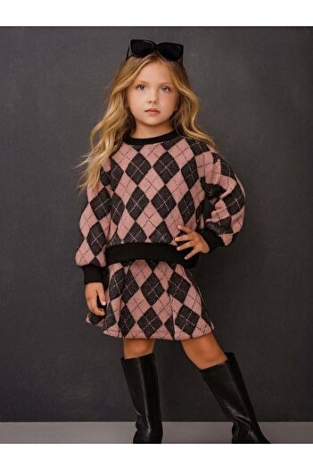 Zekids Girl's Soft Textured Diamond Patterned Skirt Suit