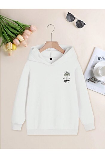 AFROGİYİM Unisex California Palm Printed Hooded Sweatshirt with Raised Stitching and 2 Threads