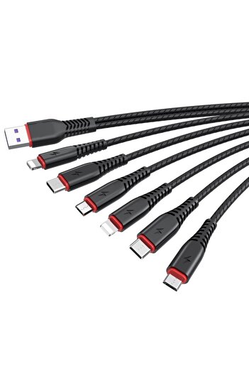 SOHO Cablu de încărcare și transfer de date 6 în 1, 2 x Lightning, 2 x USB-C, 2 x Micro USB, 2 metri, Negru