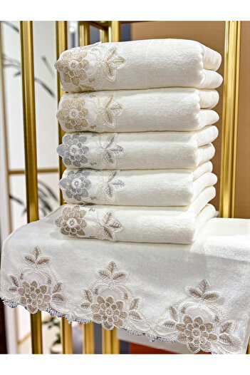 AYHANHOME 6 Pieces Velvet Luxury French Laced Dowry 50X90 Hand and Face Towels