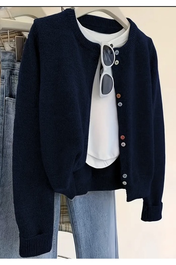 NATUFIAN STORE Women's Navy Blue Buttoned Basic Knit Cardigan