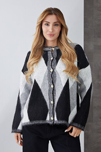 DPARİS Baklava Patterned Gold Buttoned Knit Cardigan