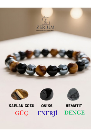 ZERİUM Natural Stone Energy Chakra Balance Bracelet – Tiger's Eye, Onyx & Hematite