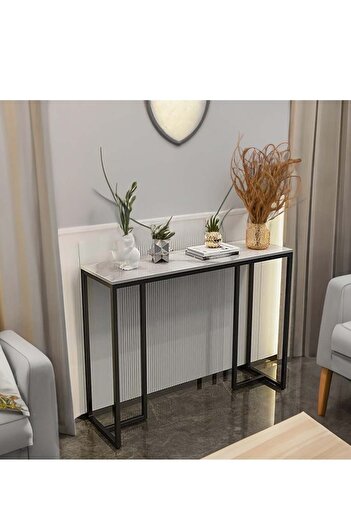 AGD Entryway Console Table with Wood Top, Modern Entryway Table, Industrial Sofa Behind Table