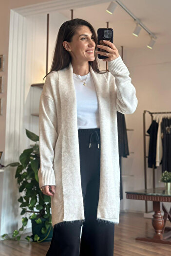 Unique Boutique Cream Color Soft Textured Midi Length Cardigan