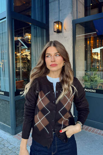 Sue Store Brown Baklava Patterned Knitwear Cardigan