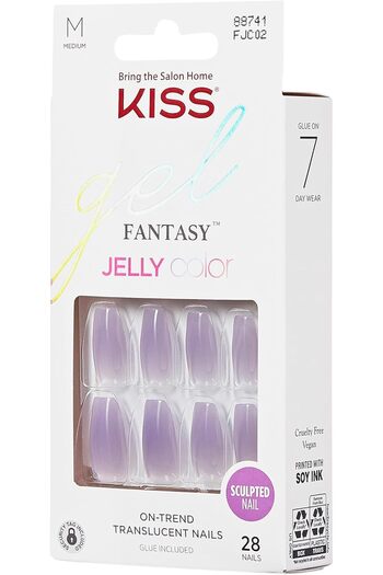 Kiss Gel Fantasy Press-On Nails – ‘Quince Jelly’ Purple Medium Coffin, 28 Nails with Glue & Tools