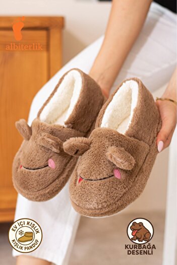 AlbiShoes Winter Furry Women's Home Shoes with Frog Figure, Non-Slip Comfortable Sole, Slippers, Home Boots
