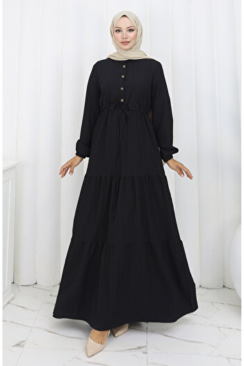 sefamerve Elastic Sleeve Waist Tied Dress 2158-02 Black