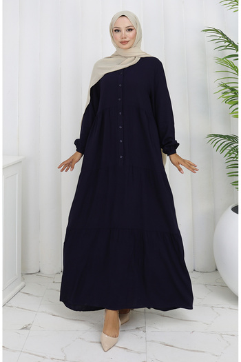 sefamerve Viscose Fabric Half Button Dress 4125-02 Navy Blue