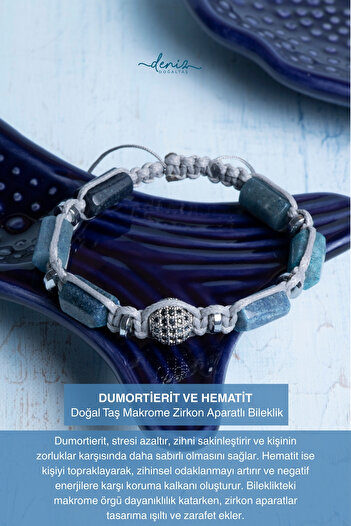 Deniz Doğal Taş Certified Dumortierite and Hematite Natural Stone Macrame Zircon Apparatus Bracelet